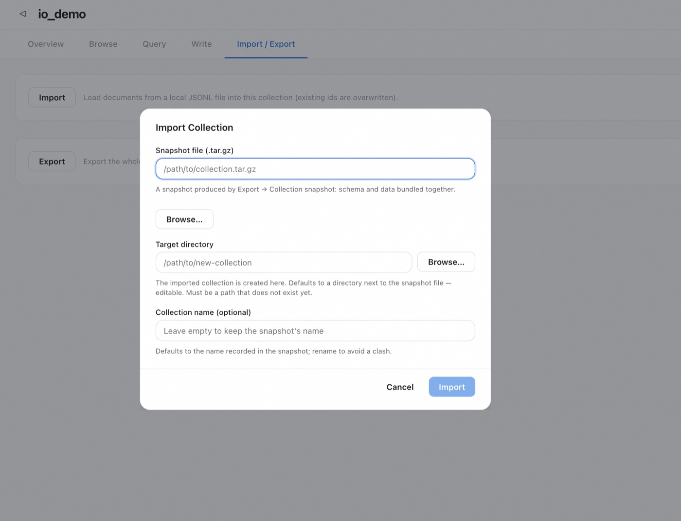 Zvec Studio Import Collection dialog: snapshot file, target directory, and collection name